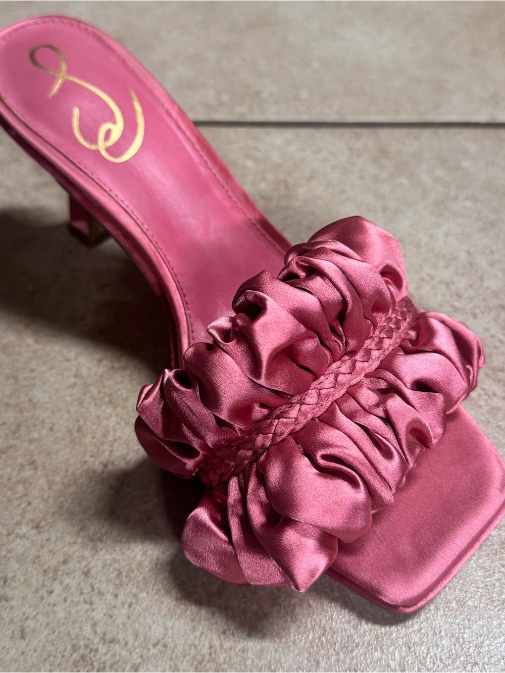 Jennifer Lopez Pink Satin Ruffle Slide Mule
